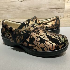 Alegria Lauryn Black Suede Metallic Floral Comfort Clogs Strap EU 36W US 6W-6.5W
